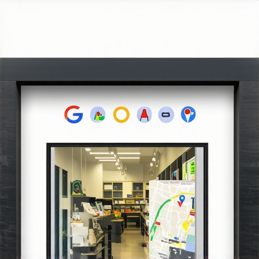 Stockton storefront with digital SEO icons and Google Maps interface