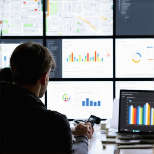 A digital marketer reviewing local SEO analytics on multiple monitors with maps and charts