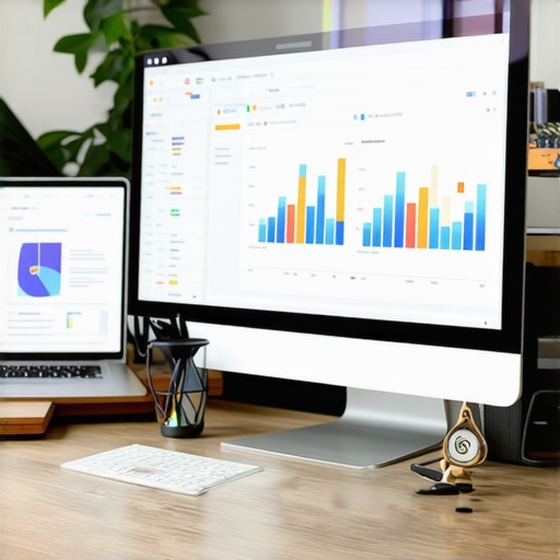 Desktop with SEO analytics dashboards and review management software.