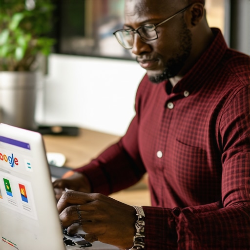 Business owner working on local SEO strategies using a laptop, with maps, review icons, and citations surrounding.
