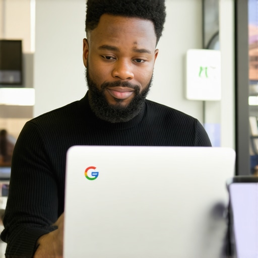 Optimizing Stockton GMB Profile Stockton business owner updating Google My Business profile on laptop in storefront