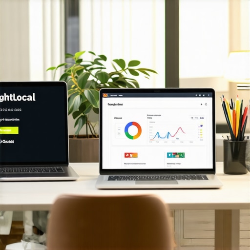 A desk setup showing SEO tools and analytics screens, emphasizing local SEO management.