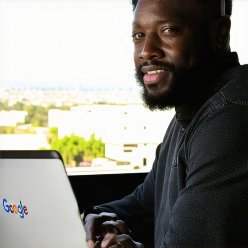 Business owner updating Google My Business profile on a laptop with Stockton city view.