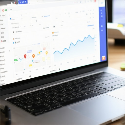 A workspace with a laptop displaying SEO analytics for Stockton business rankings.