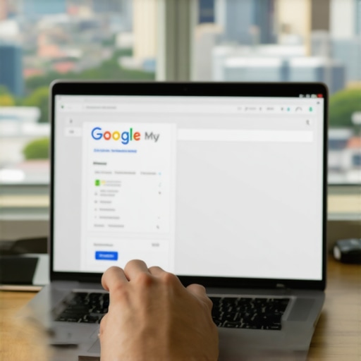 Person updating Google My Business profile on a laptop with Stockton skyline in background.
