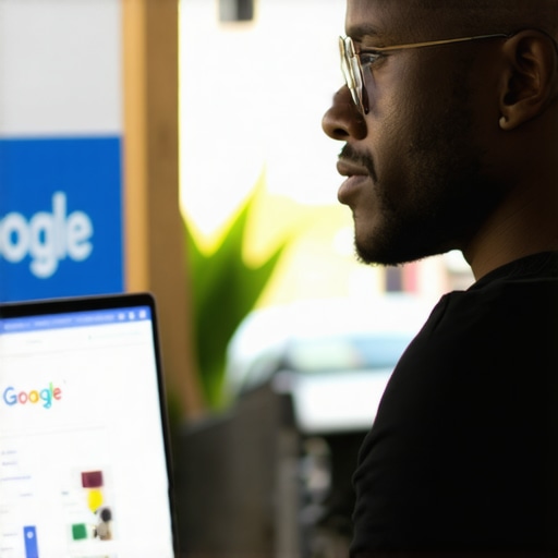 Business owner in Stockton working on Google My Business profile on laptop with local storefront in background.