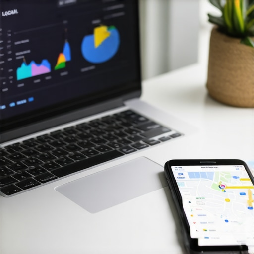 Laptop displaying local search ranking data with SEO tools on the screen.