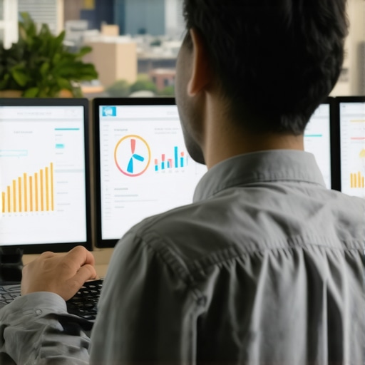 Person analyzing local SEO dashboards on computer screens with Stockton cityscape