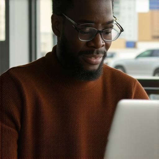 Stockton business owner editing Google My Business profile on laptop with Stockton cityscape