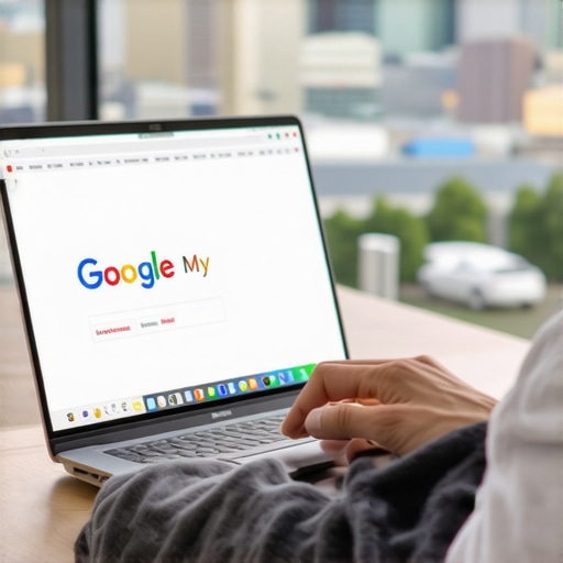 Person working on Google My Business profile with Stockton skyline in background.