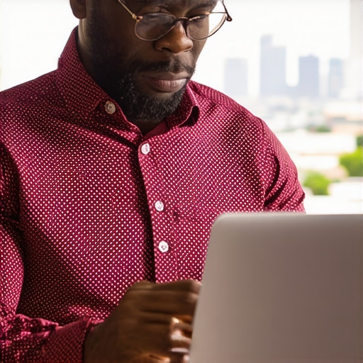 Business owner working on Google My Business profile with Stockton cityscape.