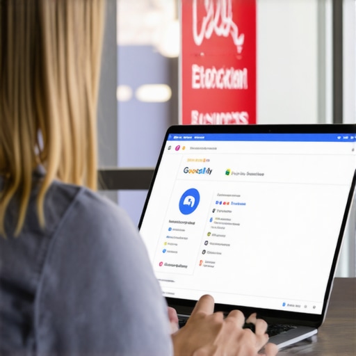 Person using laptop to verify Google My Business listing with Stockton storefront in background