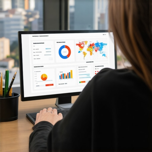 Close-up of SEO analytics dashboard on computer, Stockton cityscape in the background.