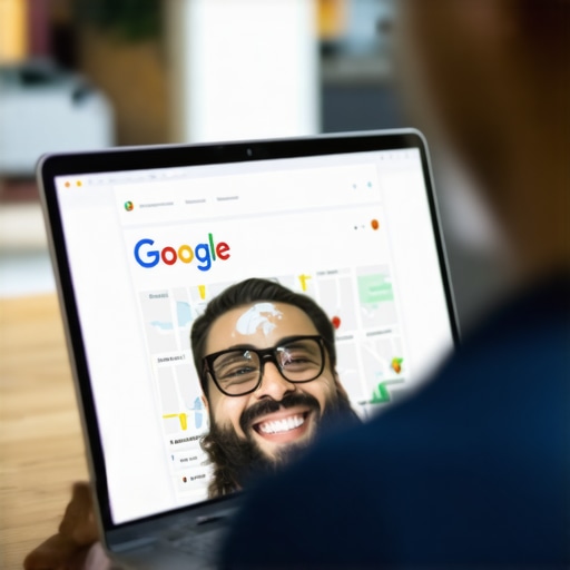 Business owner editing Google My Business profile on a laptop with Stockton storefront in background.