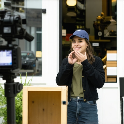 Stockton shop owner filming customer testimonial outdoors