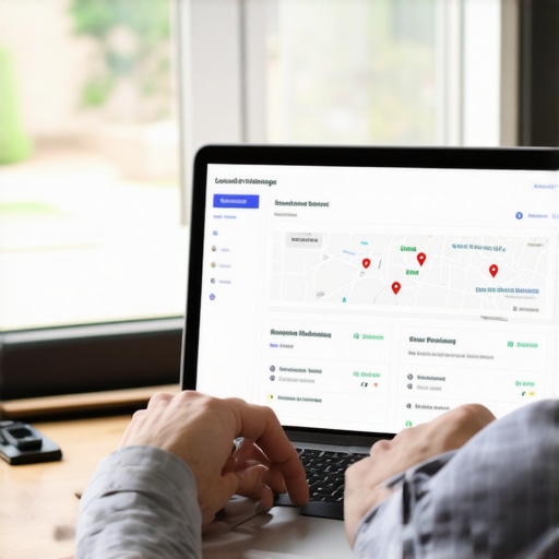 Person analyzing local SEO metrics on a laptop with Stockton map