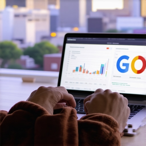 Person analyzing SEO data on a laptop with Stockton skyline